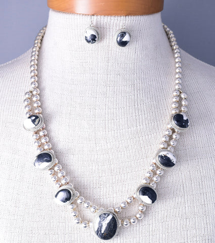 White Buffalo Turquoise 7 stone Silver Necklace with Earrings by Navajo Ty Francisco 5L23C