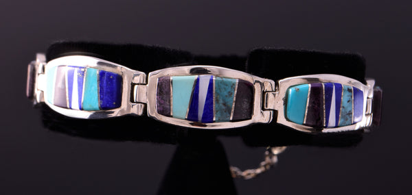 Silver & Turquoise Multistone Navajo Inlay Link Bracelet by Aldora Henry 3F10K