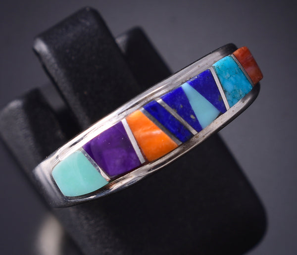 Size 6-1/2 Silver & Turquoise Multistone Navajo Inlay Ring - Rose Ann Long 5L10J