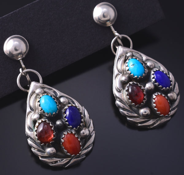 Vintage Silver & Turquoise Multistone Navajo Clip On Earrings 5H21O