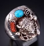 Size 11-1/4 Silver & Turquoise Coral Buffalo Navajo Men's Ring Grace Smith 5L05T