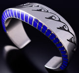 Vintage Zuni Bracelet With Water Symbol Design by Lonn Parker - Lapis Stone 6K02V