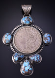 Silver & Golden Hills Turquoise Morgan Silver Dollar Coin Pendant by Nelson Nez 5J18N