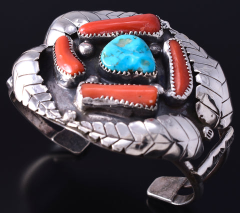 Vintage Silver & Turquoise w/ Coral Eagle Feathers Navajo Bracelet 5L10V