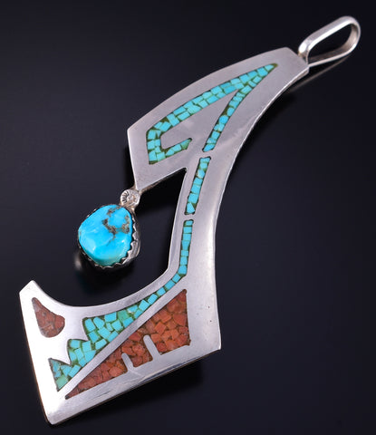 Vintage Silver & Turquoise w/ Coral Navajo Chip Inlay Balance Pendant - RB 5K22R