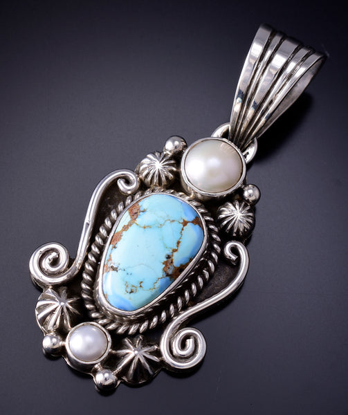 Silver & Golden Hills Turquoise Fresh Pearl Navajo Pendant by Erick Begay 6F28B