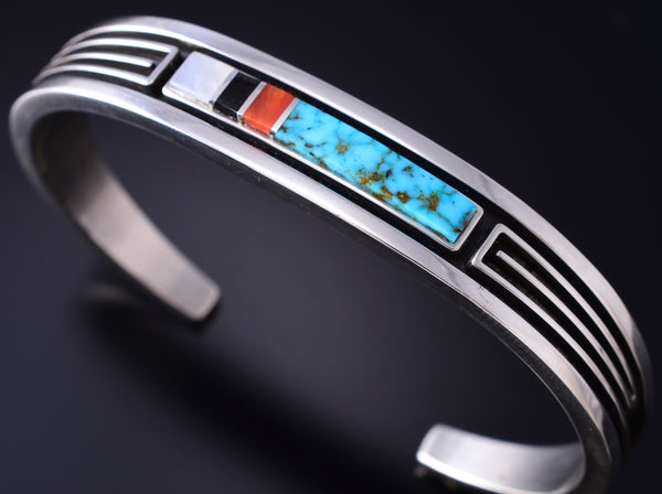 Vintage Silver & Turquoise Multistone Navajo Inlay Bracelet Albert Nells 6B14X