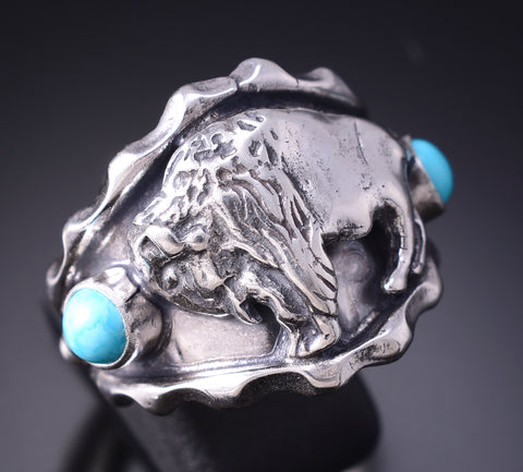 Size 11 Silver & Turquoise Navajo Handmade Buffalo Roam Men's Ring by RB 6D27M