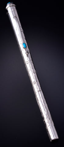 Silver & Turquoise Navajo Handmade Stamped Pen Sleeve by J 5D07N