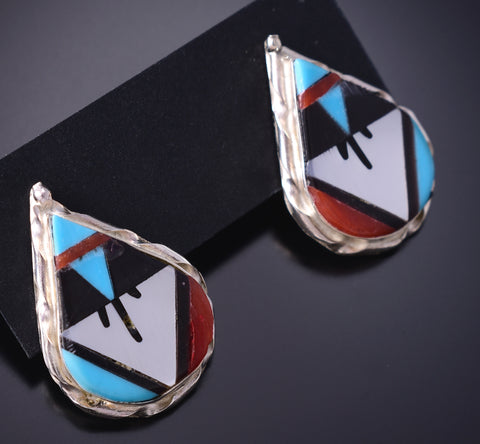 Silver & Turquoise Multistone Zuni Inlay Post Earrings by Carol Niiha 6D27X