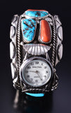 Vintage Silver & Turquoise w/ Coral Navajo "Watch on Side" Watch Bracelet 5K17A