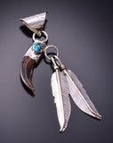 Silver & Turquoise & Faux Claw & Feathers Navajo Pendant by Ernest Hawthorne 3G03W