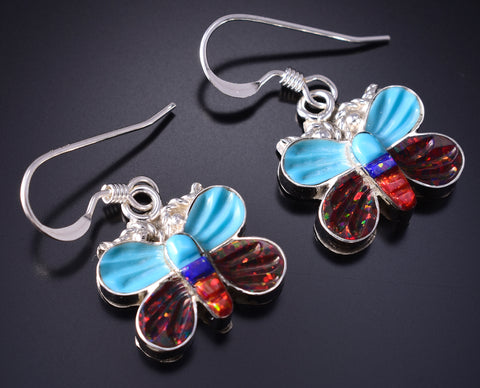 Silver & Turquoise Multistone Zuni Inlay Butterfly Earrings by Erva Quam 5G22C
