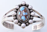 Silver & Golden Hills Turquoise & Fresh Pearl Navajo Bracelet by Erick Begay 3H19P