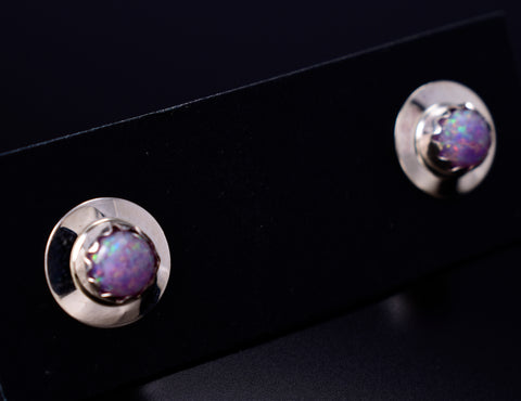 Lavender Fire Opal - Navajo Handmade Sterling Silver Post Earrings by Juanita Manygoats - 6J31H