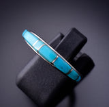 Size 7-1/2 Silver & Turquoise Navajo Inlay Ring by TSF 3L07U