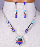 Zuni Mulitstone Silver & Lapis Inlay Necklace with Earrings by Elena Panchella 5L23K