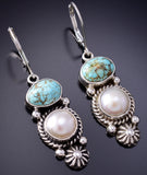 Silver & Golden Hills Turquoise Fresh Pearl Navajo Earrings - Erick Begay 6F27F
