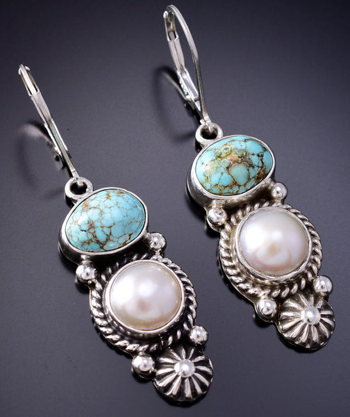Silver & Golden Hills Turquoise Fresh Pearl Navajo Earrings - Erick Begay 6F27F