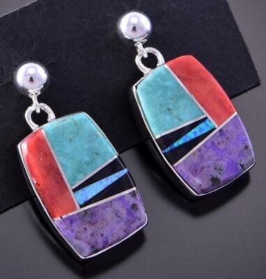 Silver & Turquoise Multistone Navajo Inlay Earrings 2K21R