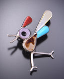 Silver & Turquoise Multistone Zuni Inlay Roadrunner Pendant & Brooch by Kelly Edaakie 3F12Q