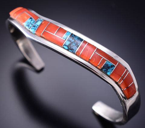 Vintage Silver & Coral w/ Turquoise Navajo Inlay Bracelet by Tommy Jackson 6E14D