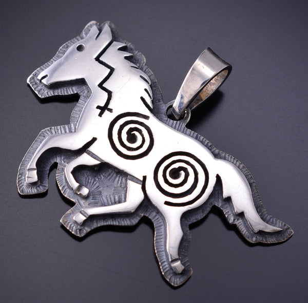 Silver Hopi Overlay Running Free Horse Pendant by Gerald Lomaventema 6G29C