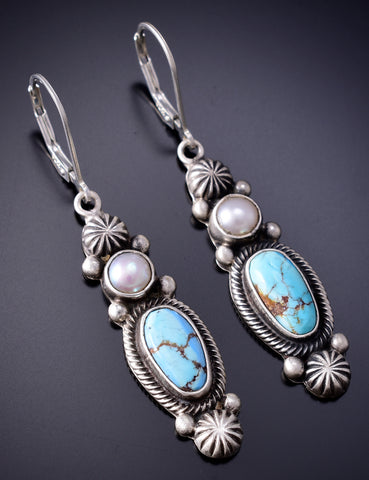 Silver & Golden Hills Turquoise w/ Fresh Pearl Navajo Earrings Erick Begay 6H17F