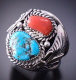 Size 12-1/2 Silver & Turquoise w/ Coral Navajo Ring by Leonard Spencer 4A12T