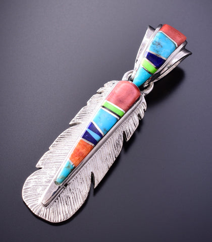 Silver & Turquoise Navajo Inlay Eagle Feather Pendant 4B21Z