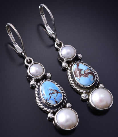 Silver & Golden Hills Turquoise Fresh Pearl Navajo Earrings by Erick Begay 5H02F