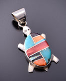 Silver & Turquoise Multistone Navajo inlay Turtle Pendant by Billy Sam 3F19P