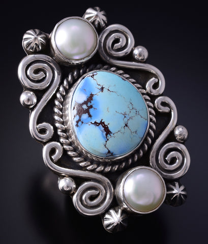 Size 7 Silver & Golden Hills Turquoise Fresh Pearl Navajo Ring Erick Begay 5H03M