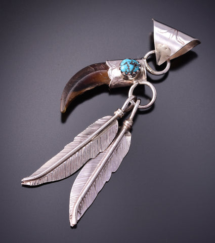 Silver & Turquoise & Faux Claw & Feathers Navajo Pendant by Ernest Hawthorne 3G03W