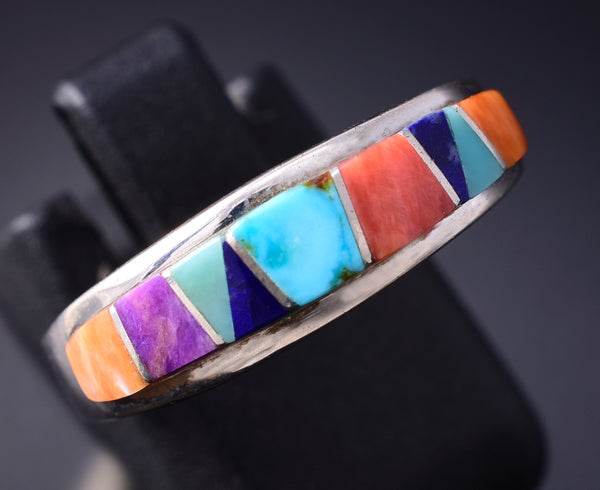 Size 7-1/4 Silver & Turquoise Multistone Navajo Inlay Ring by Aldora Henry 5L07Z