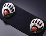 Silver & Coral Navajo Handmade Bear Claw Earrings by Cynthia John 6D22N