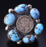 Adjustable Silver & Golden Hills Turquoise Navajo Coin Ring - Penny Nathan 5K22L