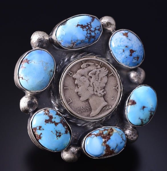 Adjustable Silver & Golden Hills Turquoise Navajo Coin Ring - Penny Nathan 5K22L