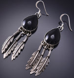Silver and Onyx Navajo Teardrop Earrings with 3 Feathers -6K02D