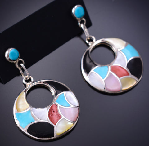 Silver & Turquoise Multistone Zuni Inlay Dangle Earrings by Oreena Leekya 6D07G