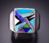 Size 13-3/4 Silver & Turquoise Multistone Navajo Inlay Mens Ring by Evangeline Davis 3F22W