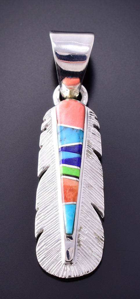 Silver Multistone Navajo Inlay Eagle Feather Pendant by TSF