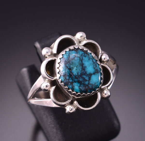 Size 8-1/4 Silver & Kingman Turquoise Navajo Flower Ring by Freda Martinez 3F22J