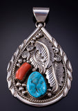 Silver & Turquoise w/ Coral Eagle Feathers Navajo Pendant Julia Etsitty 5J18Z