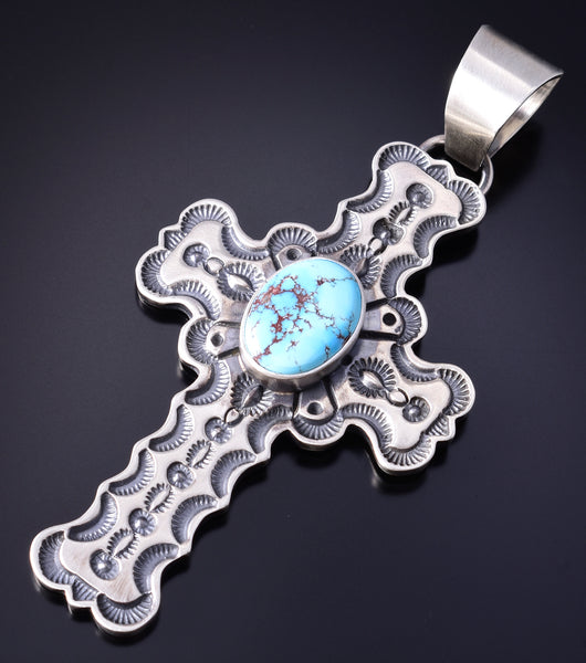 Sterling Silver and Golden Hills Turquoise Navajo Cross Pendant by June Delgarito 5L17T
