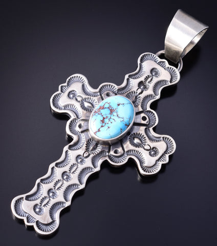 Sterling Silver and Golden Hills Turquoise Navajo Cross Pendant by June Delgarito 5L17T