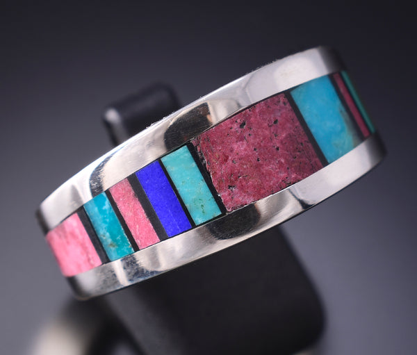 Size 12-1/4 Silver & Turquoise Multistone Navajo Inlay Mens Ring Jimmy Harrison 6F22F