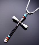 Silver & Turquoise Multistone Zuni Inlay Cross Pendant By Sylvester Noche - 6J31Z
