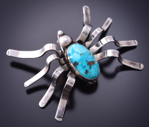 Vintage Silver & Turquoise Navajo Handmade Spider Brooch 3K31F