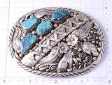 Heavy Vintage Silver & Turquoise Navajo Feathers Mountains Buckle by Fred Guerro 6A21Y